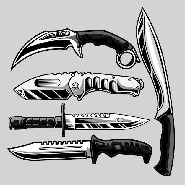 Vector set military knife on gray background