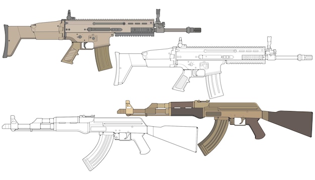 Set di armi da fuoco militari o di polizia in stile vettoriale pistola da tiro illustrazione delle armi linea vettoriale per l'addestramento