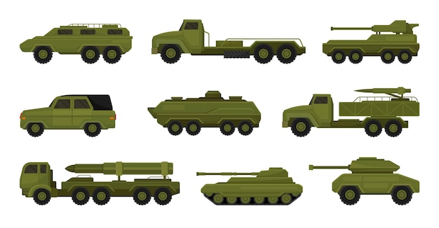 Vettore set di veicoli militari aereo camion trasportatore di personale corazzato jeep illustrazione vettoriale su sfondo bianco