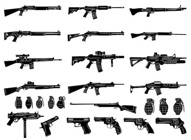 set of military weapons silhouette icon on white background vector