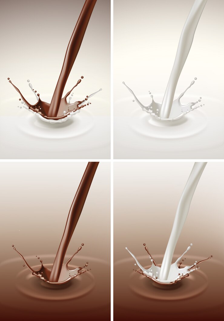Vector set of milk chocolate splash stream flow close up isolated