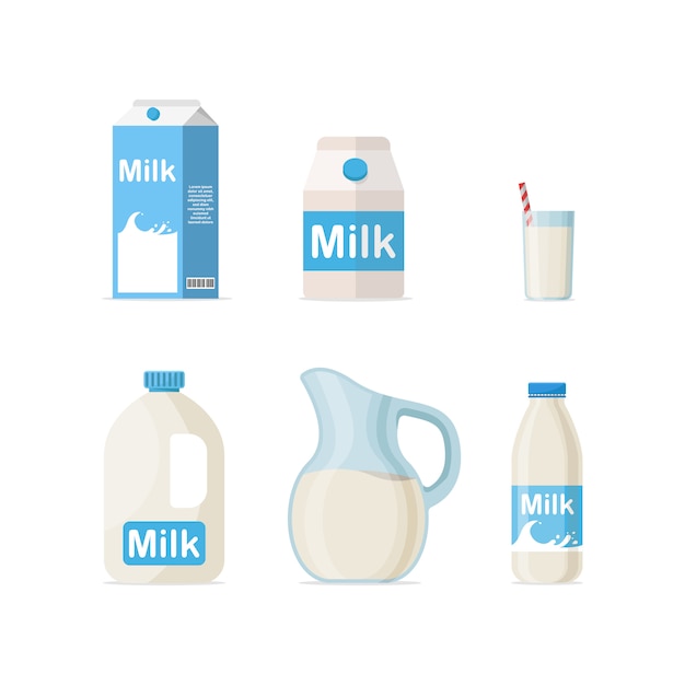 Set of milk in different packages: glass, carton, bottle isolated on White background, flat design  illustration