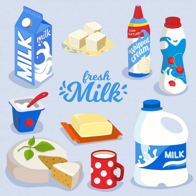 Vector set of milk products, dairy produce in colorful package icon