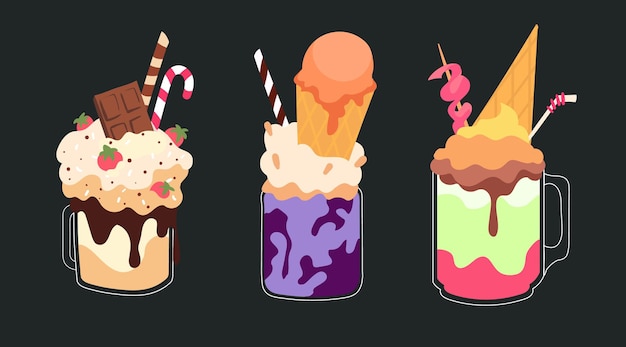 Vector set of milk puffy freakshakes with ice cream