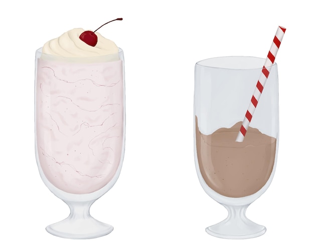 Set of milkshakes in glass glasses strawberry chocolate