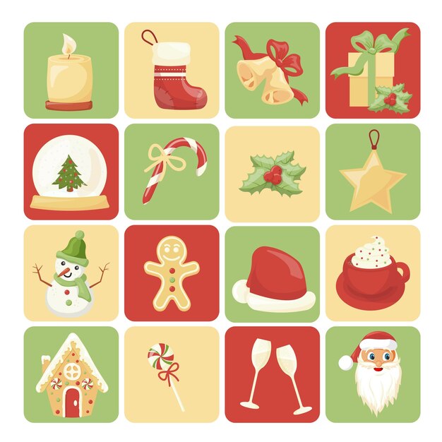 Vector a set of mini cards and stickers on a new year theme christmas and new year cards with a tree