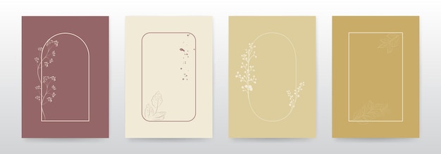 Set of minimal background frames with hand drawn flowers and leaves