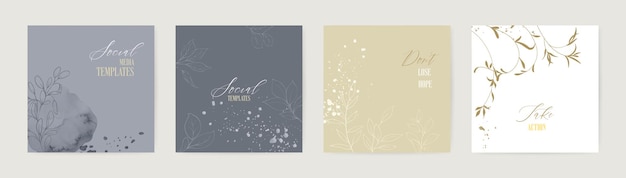 Vector set of minimal background with flowers and stains watercolor