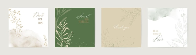 Vector set of minimal background with flowers and stains watercolor