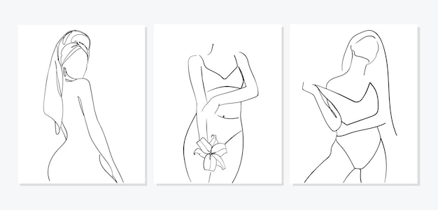 Set of minimal line art woman body Woman beauty fashion concept Vector illustration