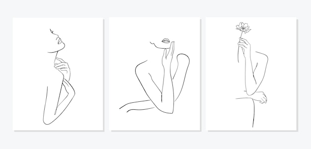 Vector set of minimal line art woman with hand on face black lines drawing vector illustration