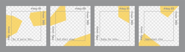 Set of minimal square posts Trasparent yellow geometric shapes and gray text template Place for your photo Every day design concept for year Best for social media post and web internet ads Vector