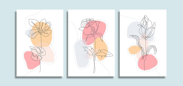 咲く花のラインアートとミニマリストの抽象的な背景のセット
