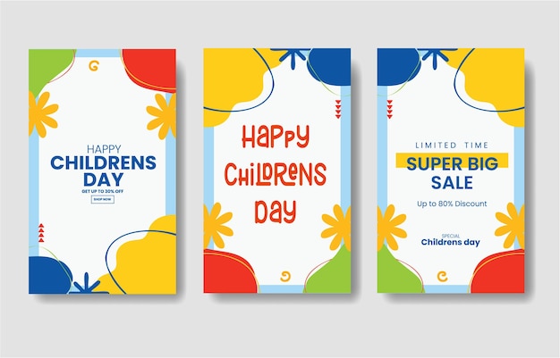 Vector set of minimalist colorful children's day design templates suitable for social media posts and web