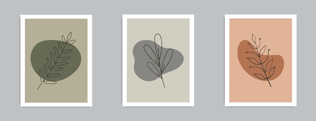 Set of minimalist poster design botanical leaf branch abstract collage Bohemian aesthetic boho