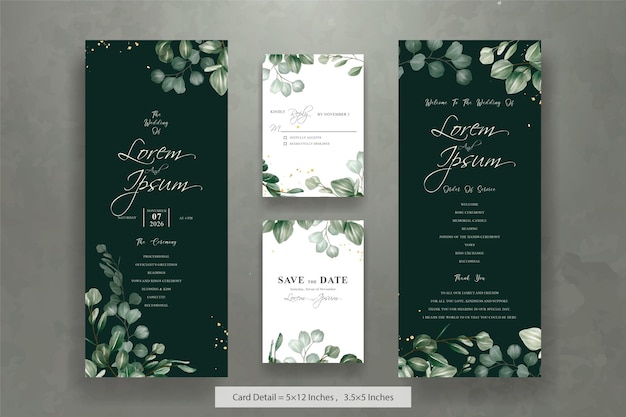 Set of Minimalist Wedding Invitation Card Template with Greenery Eucalyptus Arrangement