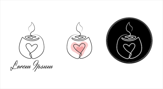 Set of minimalistic continuous line burning aroma and spa candle with heart label for the logo