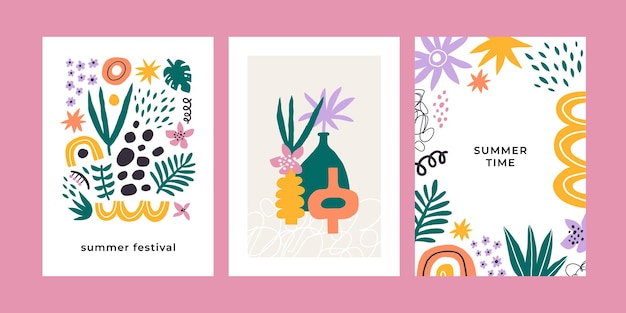 Vector set of minimalistic posters or cards with tropical leaves and abstract shapes