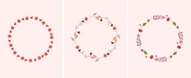 Set of minimalistic wreaths with bright flowers, leaves, hearts and space for your text. vector