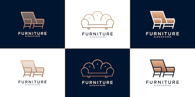 Set minimalistische elegante stoel- of bankmeubilair interieur logo ontwerpcollectie