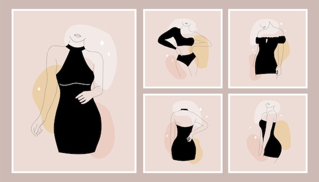 Set minimalistische vrouwelijke lichamen op gekleurde vlekken Lineaire vrouwen in zwarte jurken
