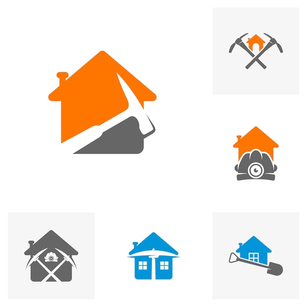 Набор шаблонов логотипа Mining с концепцией House Стильная монохромная векторная иллюстрация