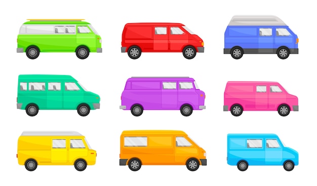 Set of minivans of different shapes and colors