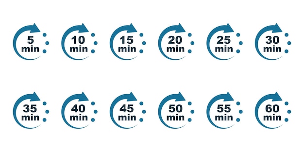 Set minuten timer vector iconen op witte achtergrond. Timer met pijl van 5 minuten tot 60.