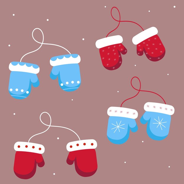 Vector set of mittens in pairs red and blue christmas