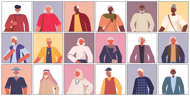 セットミックスレース老人女性カジュアルな流行の服でシニア女性男性漫画キャラクターコレクション肖像画水平