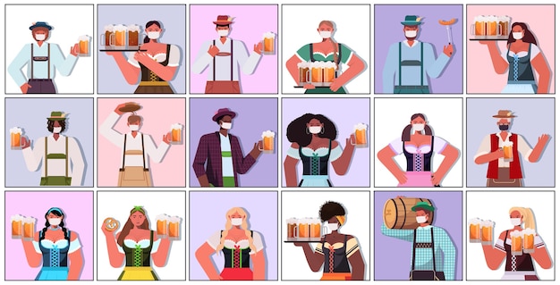 Set mix razza persone in maschere mediche che tengono boccali di birra oktoberfest celebrazione del partito coronavirus concetto di quarantena uomini donne in abiti tradizionali tedeschi collezione di ritratti vettore orizzontale illus