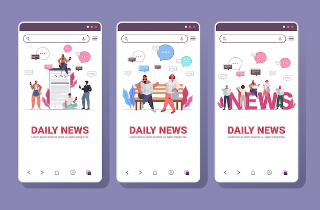 Vector set mix race people reading newspapers and discussing daily news chat bubble communication concept. smartphone screens collection full length copy space horizontal illustration