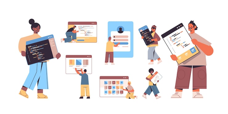 Vector set mix race web developers creating program code application development software programming concept  