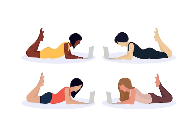 Vector set mix race woman using laptop lying pose diversity color of hair faceless profile