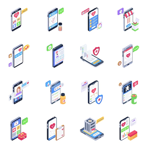 Vector set of mobile health apps isometric icons