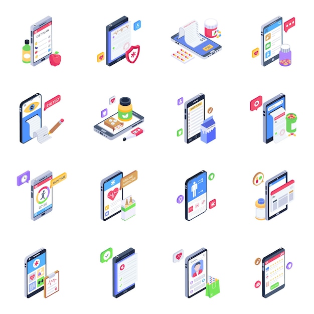 Set of mobile healthcare isometric icons