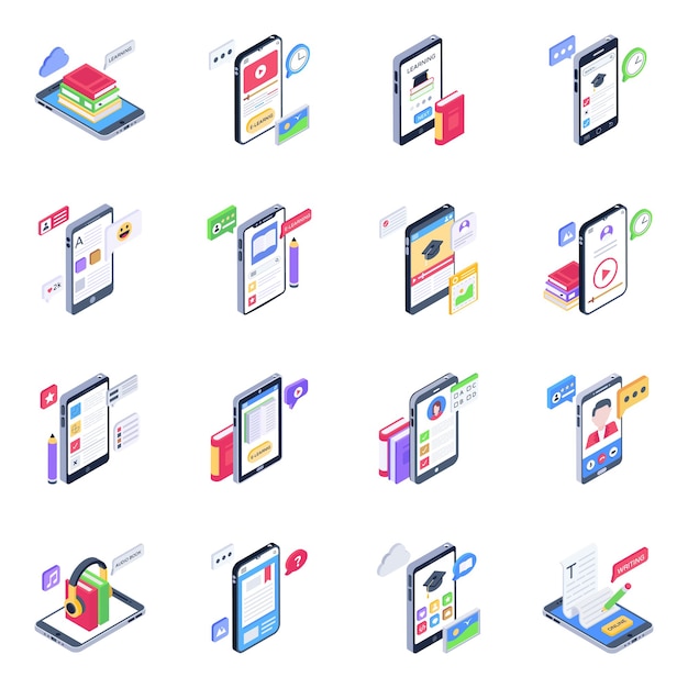 Vector set of mobile learning isometric icons