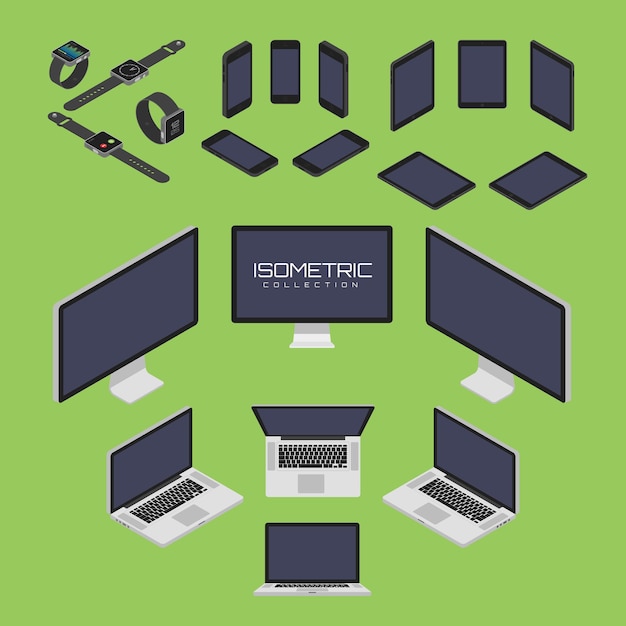 Vector set of mobile phone, smart watch, tablet, laptop, computer from four sides icon set vector graphic illustration. isometric view of the front, back, right, left and top.