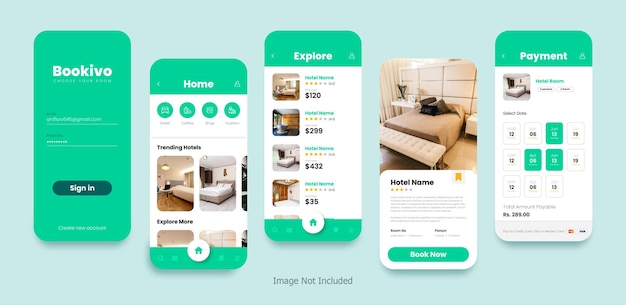 Vector set of mobile screens with ui design for hotel booking ui applications