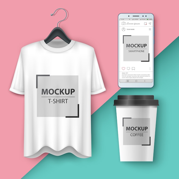 Vettore imposta t-shirt mockup, smartphone, tazza, caffè, tè