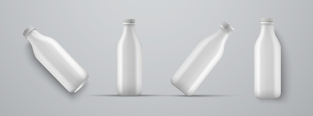 Set di mockup di bottiglie bianche di plastica per kefir, latte, yogurt e altre bevande. modelli per la presentazione del design dell'etichetta.