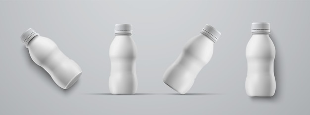 set of mockups small plastic white bottles for kefir, milk, yogurt and other beverages. templates for the presentation of label design.