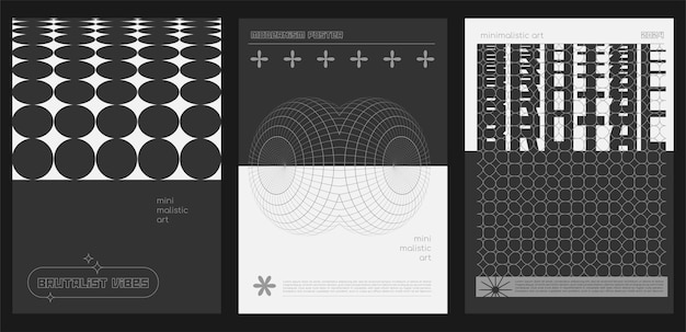 Set of modern abstract brutalist posters retro futuristic design elements perspective grid d circles