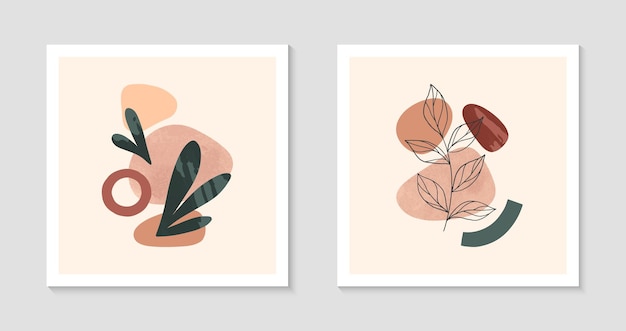 Set of modern abstract vector illustrations with organic various shapes and foliage line art