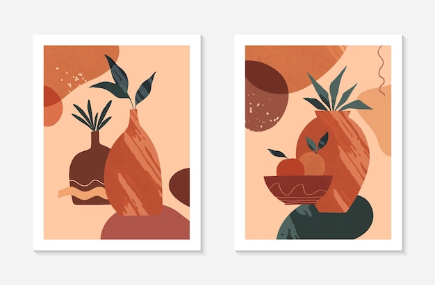 Set of modern abstract vector illustrations with vasesorganic various shapes and leaves