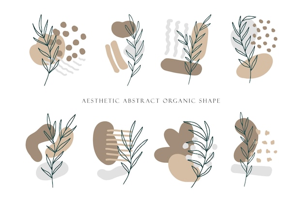 A set of modern aesthetic hand drawn abstract shape and floral line art with neutral color