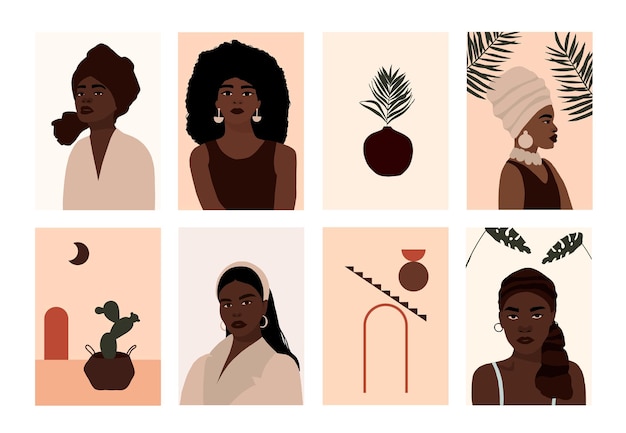 Vector set of modern african american woman faces portraits