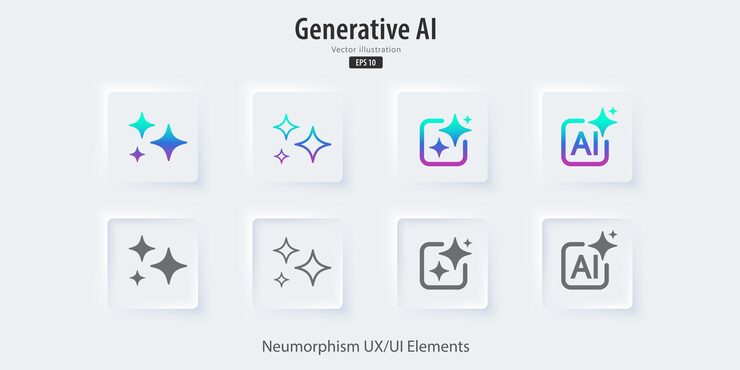 Vector set of modern ai generate button generate ideas from machine learning generative button in trendy neuromorphic style for apps websites and interfaces ui ux elements vector illustration
