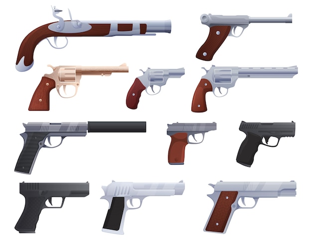 Set of modern and ancient weapons, pistols, revolvers,. Vector illustration