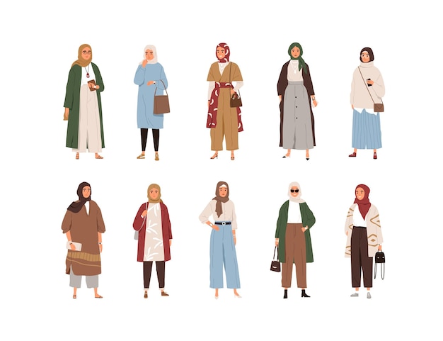 Set of modern arabic women wearing fashion clothes. arab islamic females in trendy outfit with traditional headdresses. flat vector illustration of stylish muslim people isolated on white background.